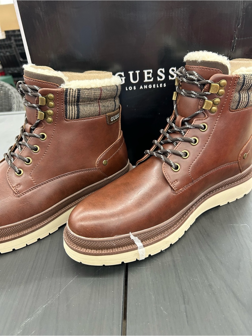 GUESS Men's Brown Leather Lace-Up Shearling-Trim Boots